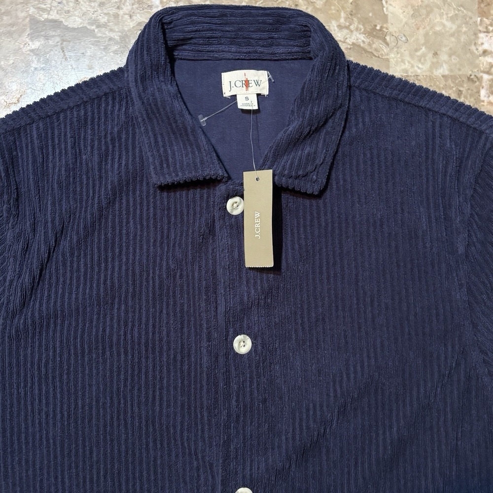 J Crew Shirt Mens Small Blue Corded Terry Short Sleeve Camp Collar Split Pocket